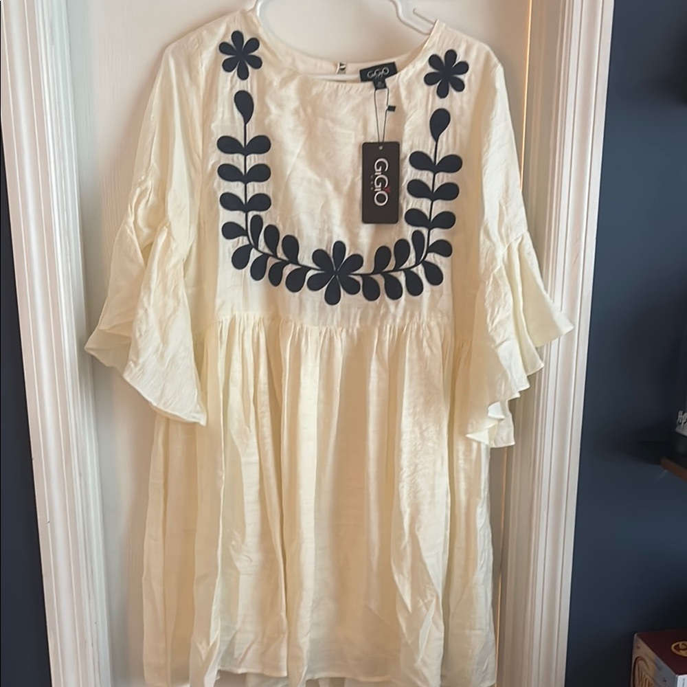 Cream with Navy Accents Flowy Dress